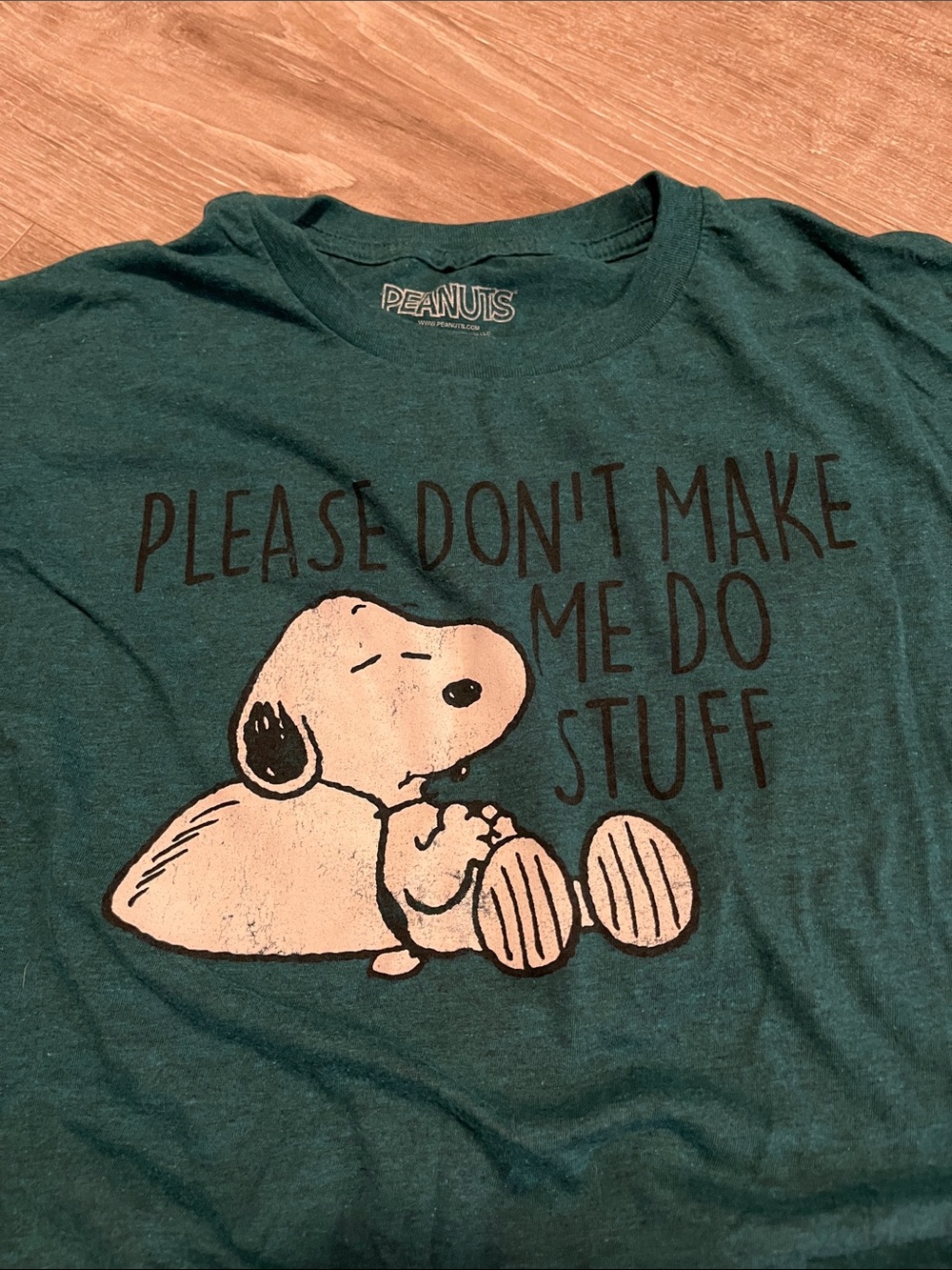Peanuts Snoopy Teal Green 'Please Don't Make Me Do Stuff' Dog Tee Womens LARGE